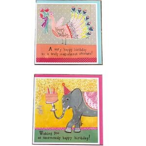 2 Curly Girl Design Happy Birthday Cards New Cute Animal Elephant‎ Peacock Blank
